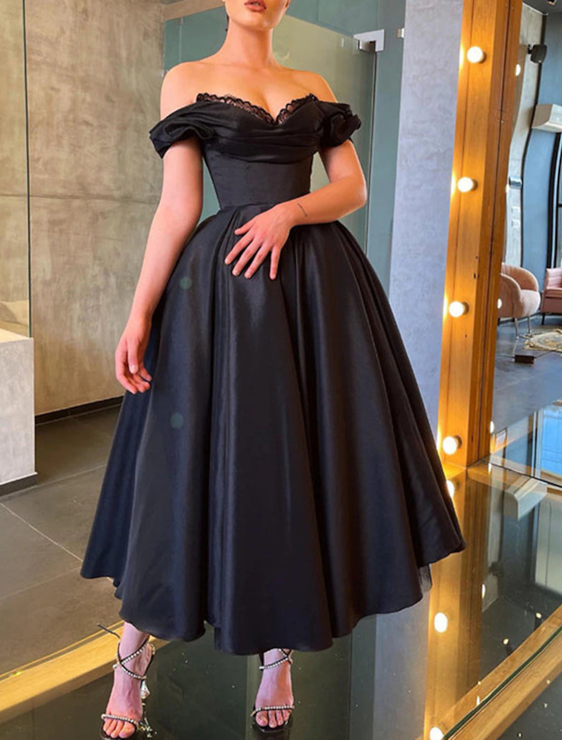 Wholesa A-Line Prom Black Dress Vintage Dress Masquerade Wedding Party Tea Length Short Sleeve Off Shoulder Fall Wedding Guest Satin with Ruched