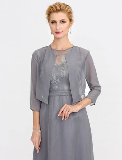 Wholesa A-Line Mother of the Bride Dress Fall Wedding Guest Dresses Plus Size Elegant Illusion Neck Tea Length Chiffon Corded Lace Sleeveless Wrap Included with Lace Pleats