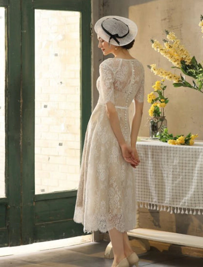 Wholesale Reception Fall Wedding Dresses Little White Dresses in Color A-Line Illusion Neck Half Sleeve Tea Length Lace Bridal Gowns With Sash / Ribbon Appliques Summer Party