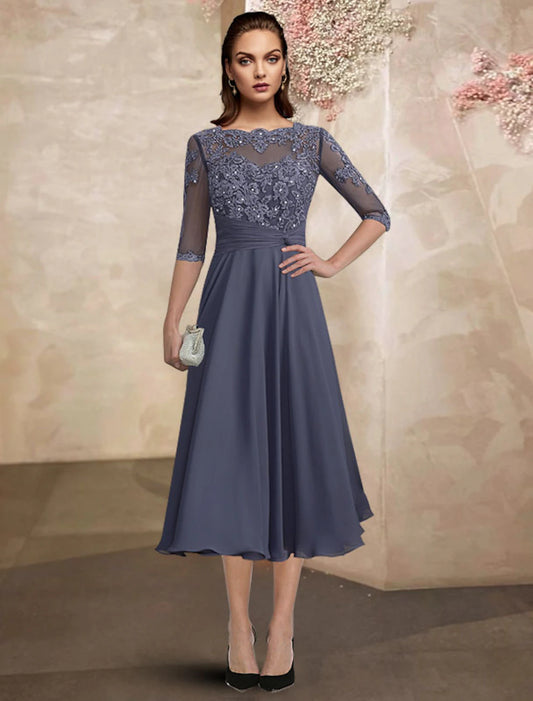 Wholesa A-Line Mother of the Bride Dress Wedding Guest Plus Size Elegant Jewel Neck Tea Length Chiffon Lace Half Sleeve with Ruched Beading Appliques Fal