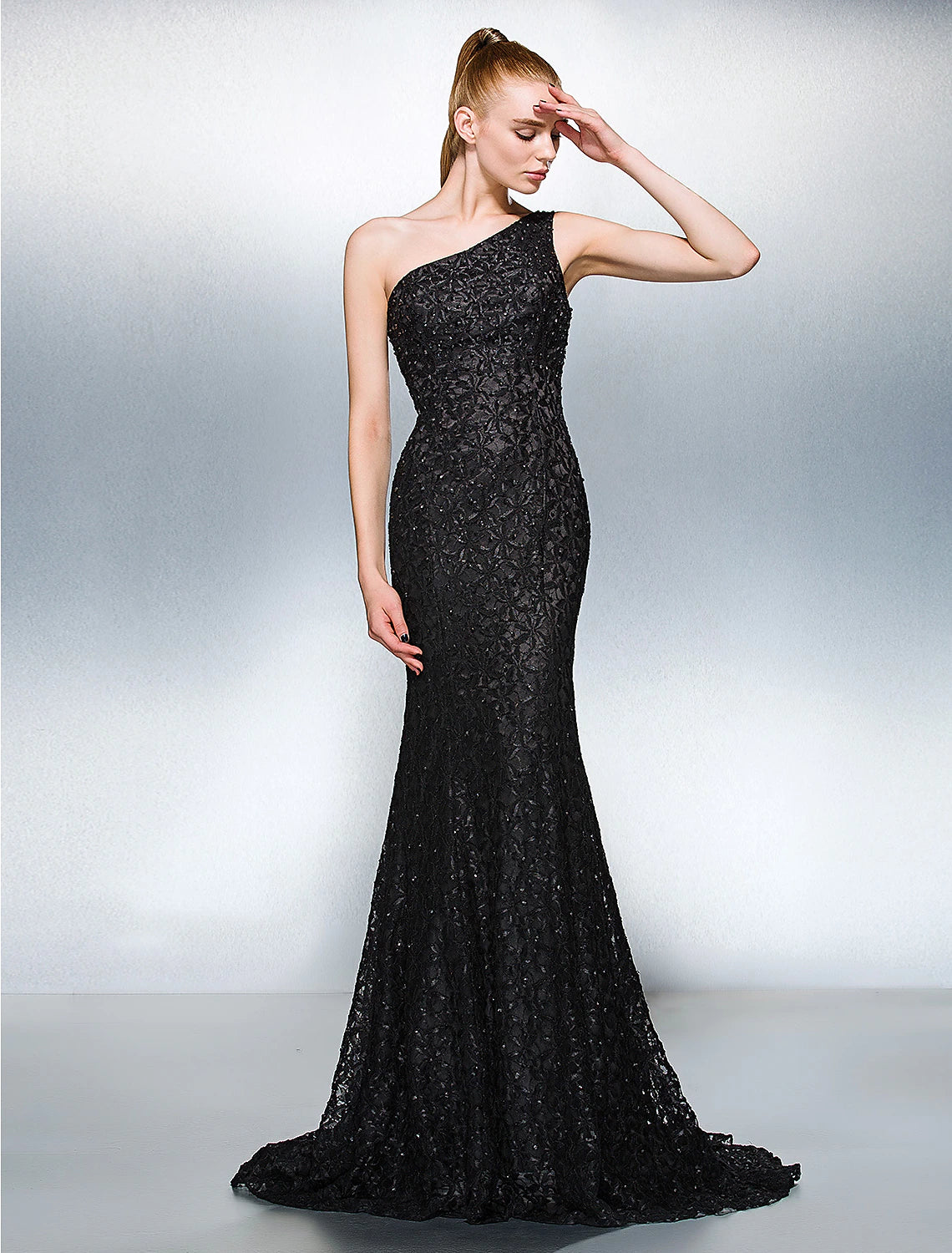 Wholesa Sheath / Column Sparkle & Shine Dress Holiday Cocktail Party Court Train Sleeveless One Shoulder Lace with Beading