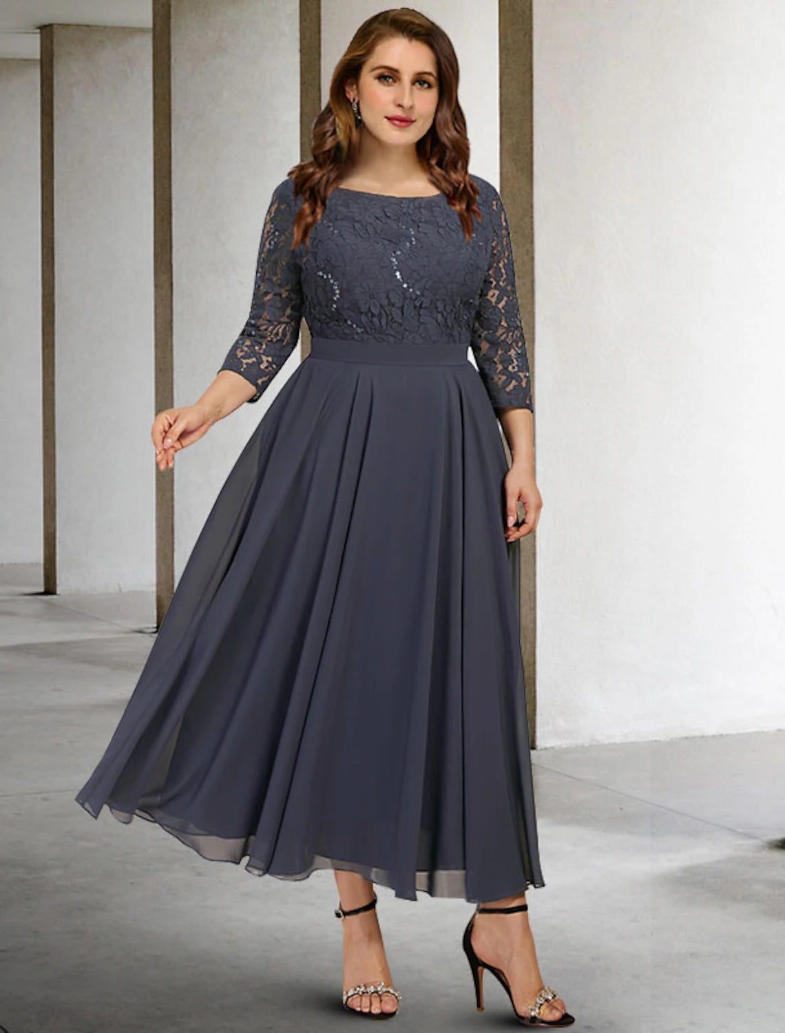 Wholesa  A-Line Mother of the Bride Dresses Plus Size Hide Belly Curve Elegant Dress Formal Tea Length 3/4 Length Sleeve Jewel Neck Chiffon with Pleats