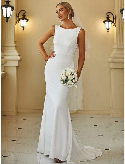 Wholesale Reception Casual Wedding Dresses Mermaid / Trumpet Scoop Neck Sleeveless Sweep / Brush Train Stretch Fabric Bridal Gowns With Beading Solid Color 2023 Summer Wedding Party