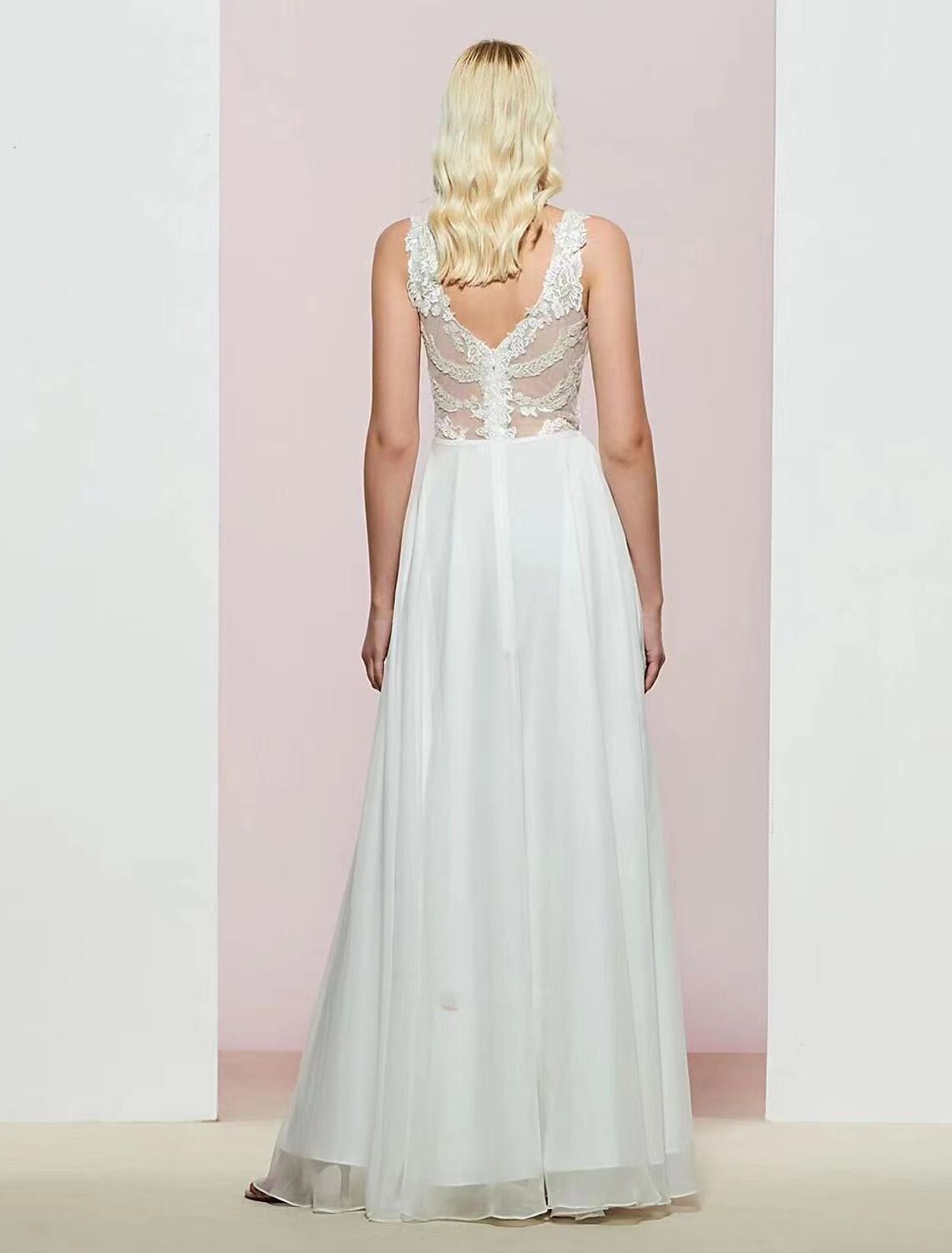 Wholesale A-Line Evening Gown Open Back Dress Wedding Party Floor Length Sleeveless V Neck Chiffon with Appliques