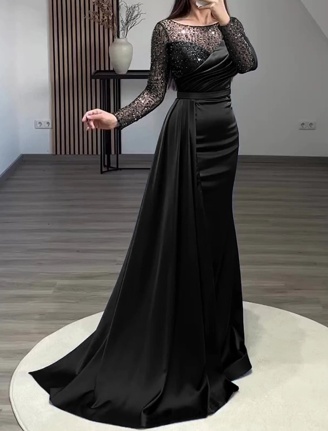 Aimishang Mermaid Dress Evening Gown Red Green Dress Formal Wedding Guest Court Train Long Sleeve Jewel Neck Charmeuse with Ruched Pearls Sequin