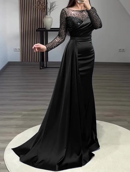 Aimishang Mermaid Dress Evening Gown Red Green Dress Formal Wedding Guest Court Train Long Sleeve Jewel Neck Charmeuse with Ruched Pearls Sequin