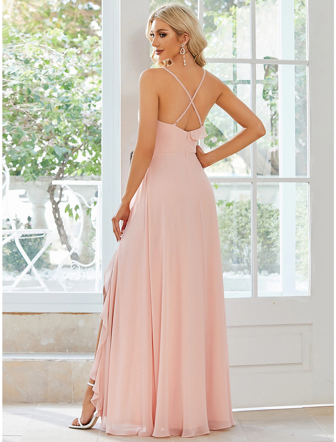 Wholesale A-Line Wedding Guest Dresses Casual Dress Party Wear Floor Length Sleeveless Spaghetti Strap Chiffon with Ruffles Slit