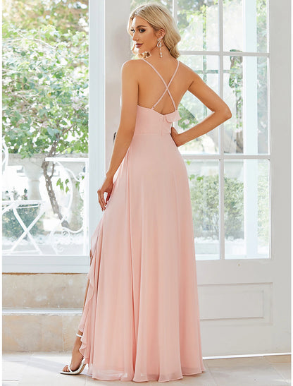 Wholesale A-Line Wedding Guest Dresses Casual Dress Party Wear Floor Length Sleeveless Spaghetti Strap Chiffon with Ruffles Slit