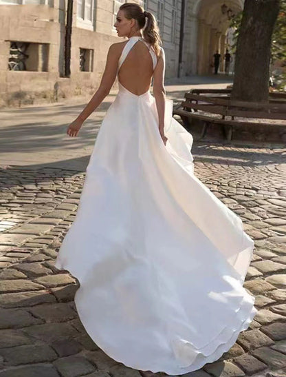 Wholesale Reception Open Back Casual Wedding Dresses A-Line Halter Sleeveless Court Train Satin Bridal Gowns With Solid Color Summer Fall Wedding Party