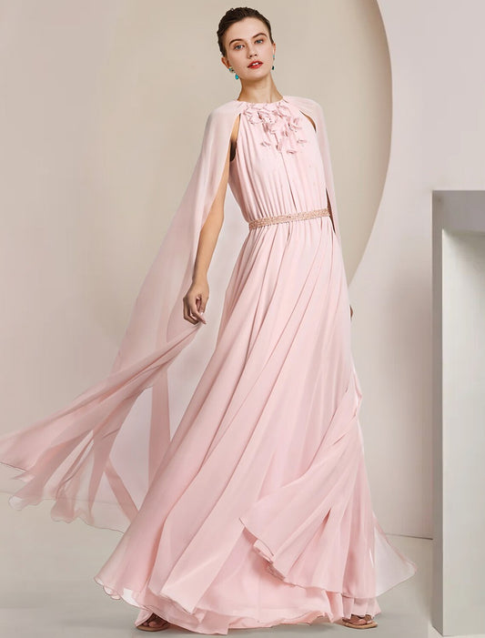 Wholesa A-Line Mother of the Bride Dress Formal Wedding Guest Elegant Scoop Neck Floor Length Chiffon Sleeveless with Sash / Ribbon Flower