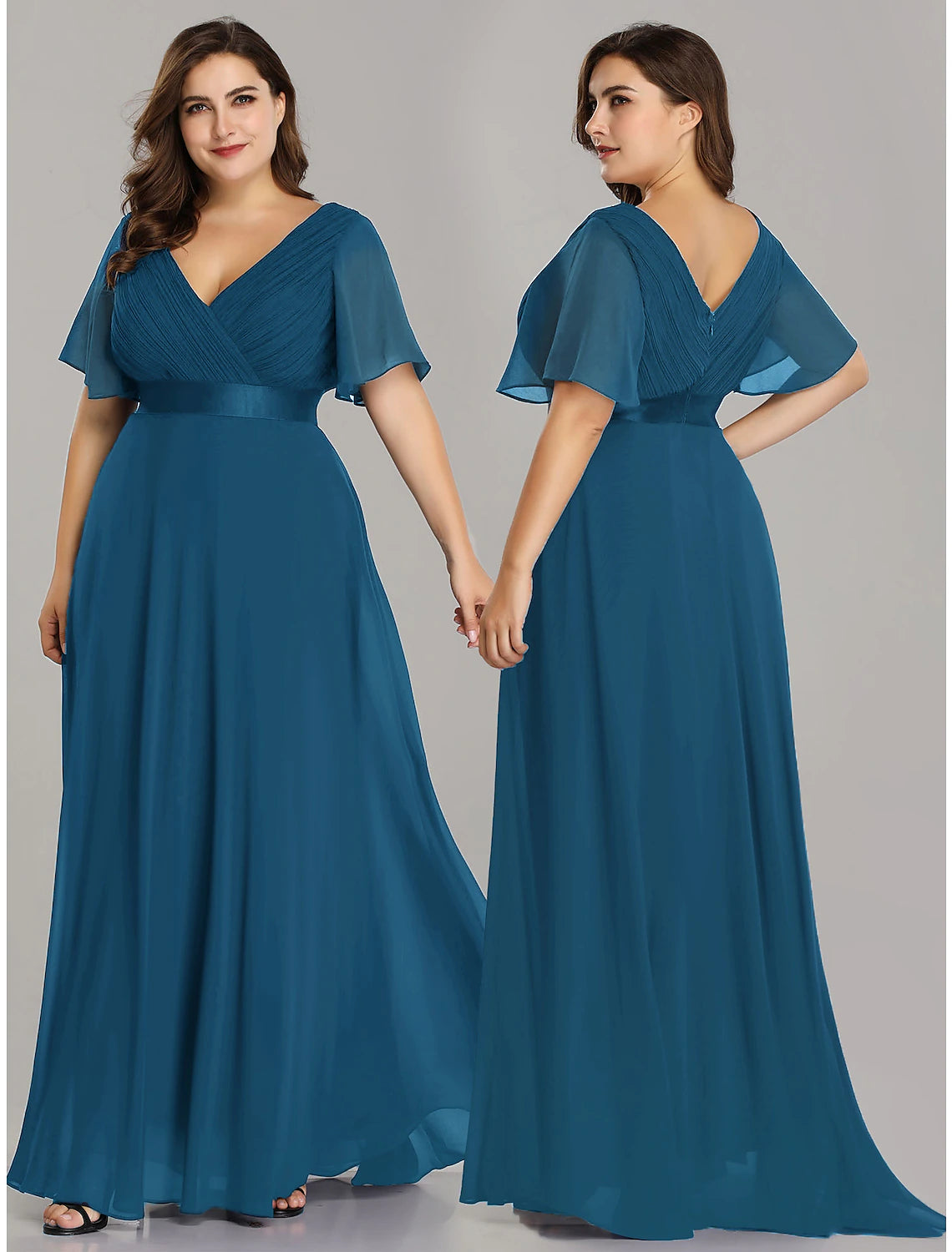 Wholesale A-Line Empire Fall Wedding Guest Dress For Bridesmaid Plus Size Formal Evening Dress V Neck Short Sleeve Floor Length Chiffon with Pleats Ruched