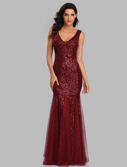 Wholesa  Mermaid / Trumpet Sparkle Sexy Party Wear Formal Evening Dress V Neck Sleeveless Floor Length Sequined with Sequin