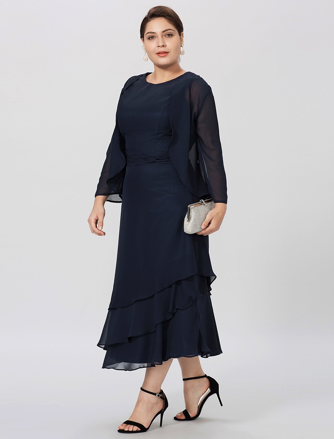 Wholesa  Sheath / Column Mother of the Bride Dress Formal Classic & Timeless Elegant & Luxurious Plus Size Jewel Neck Tea Length Chiffon 3/4 Length Sleeve yes with Pleats Tiered