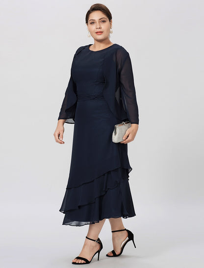 Wholesa  Sheath / Column Mother of the Bride Dress Formal Classic & Timeless Elegant & Luxurious Plus Size Jewel Neck Tea Length Chiffon 3/4 Length Sleeve yes with Pleats Tiered