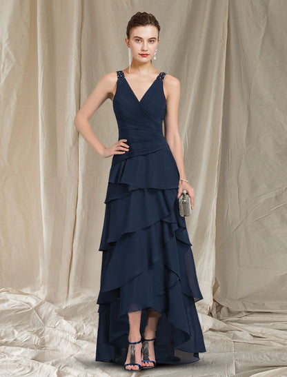 wholesale  Two Piece A-Line Mother of the Bride Dress Elegant High Low V Neck Asymmetrical Floor Length Chiffon Short Sleeve Wrap Included with Ruched Ruffles