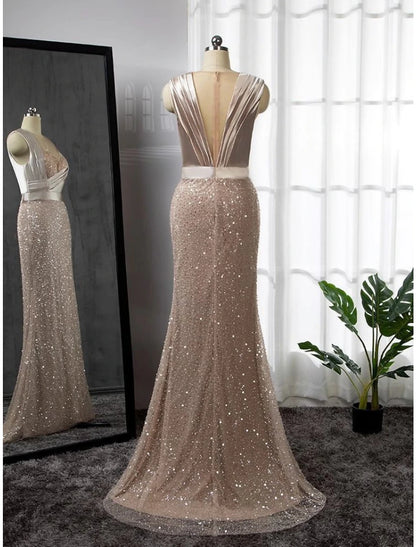 Wholesa A-Line Evening Gown Elegant Dress Formal Court Train Long Sleeve Illusion Neck Stretch Satin with Pleats Ruched Beading