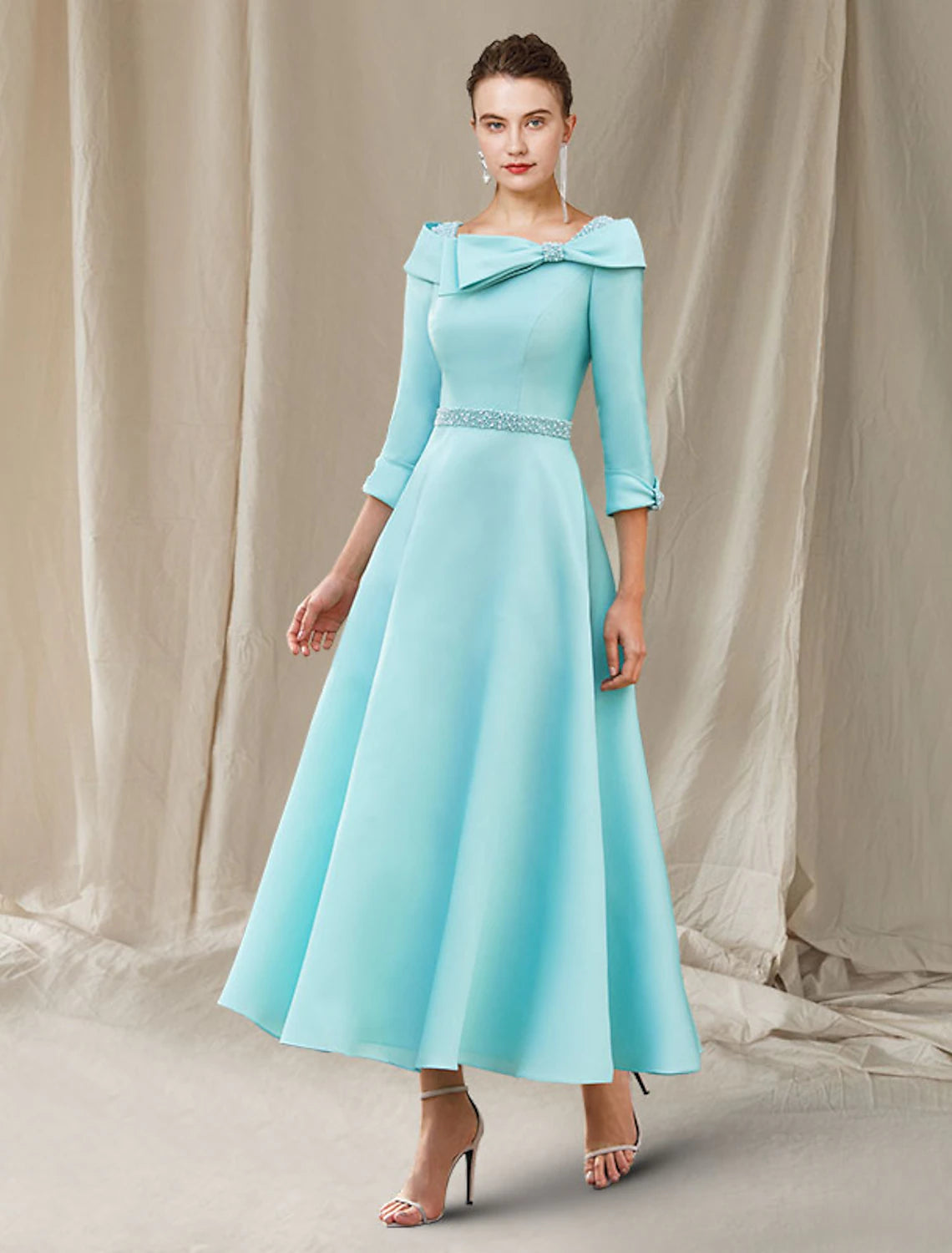 wholesale A-Line Mother of the Bride Dress Wedding Guest Luxurious Elegant Bateau Neck Ankle Length Satin 3/4 Length Sleeve with Sash / Ribbon Bow(s) Beading