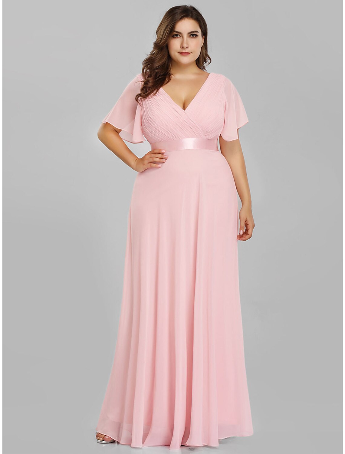 wholesale A-Line Mother of the Bride Dress Plus Size Elegant V Neck Floor Length Chiffon Short Sleeve with Sash / Ribbon Ruching