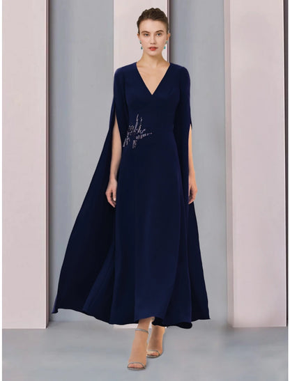 Wholesa A-Line Mother of the Bride Dress Wedding Guest Elegant V Neck Ankle Length Stretch Chiffon Half Sleeve with Sequin Ruching Solid Color