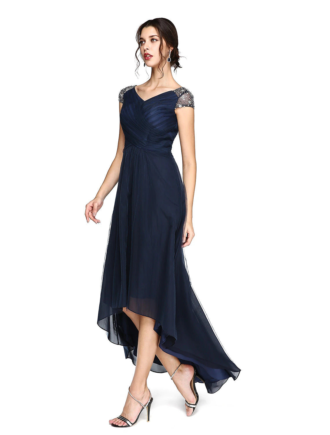 Wholesa Sheath / Column Minimalist Dress Wedding Guest Prom Asymmetrical Short Sleeve V Neck Bridesmaid Dress Tulle V Back with Criss Cross Pleats Beading