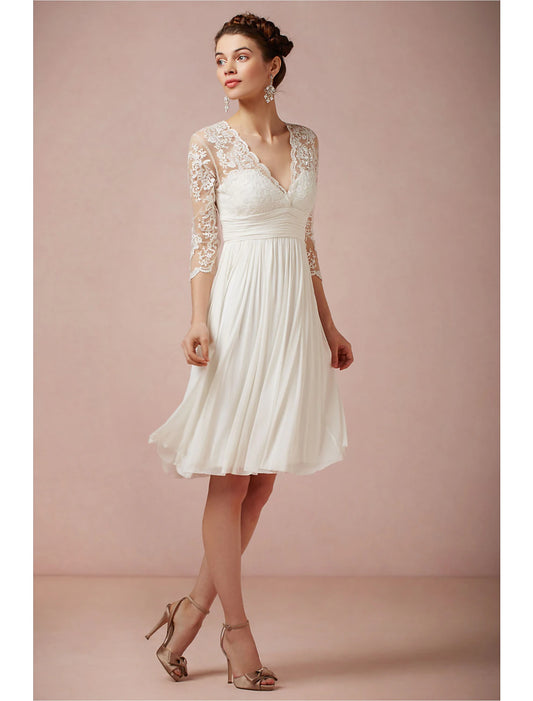 Wholesale Reception Wedding Dresses Open Back Fall Little White Dresses A-Line V Neck 3/4 Length Sleeve Knee Length Chiffon Bridal Gowns With Ruched Summer Wedding Party