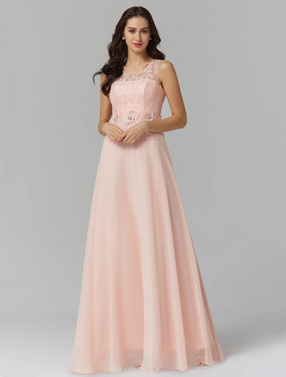 Wholesa A-Line Empire Dress Valentine's Day Wedding Guest Floor Length Sleeveless Illusion Neck Bridesmaid Dress Chiffon with Beading Appliques