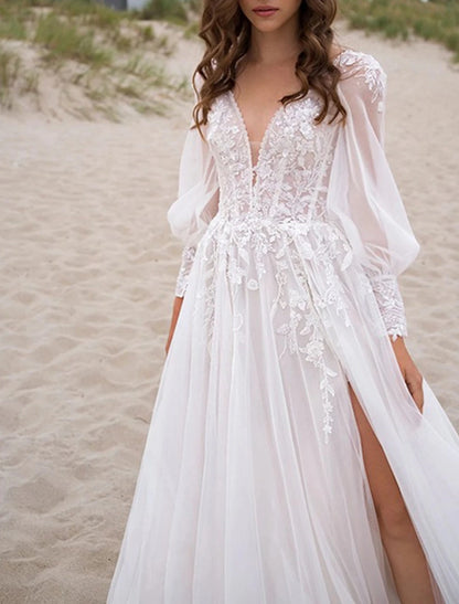 Wholesa Beach Boho Wedding Dresses A-Line V Neck Long Sleeve Court Train Lace Bridal Gowns With Appliques Split Front