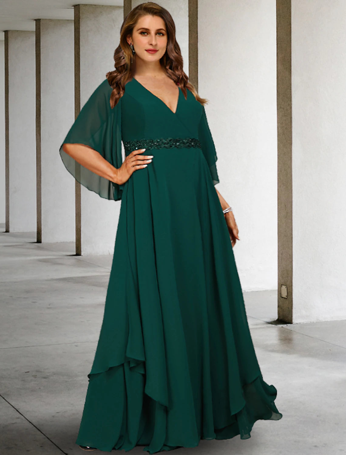 Wholesa  A-Line Mother of the Bride Dresses Plus Size Hide Belly Curve Elegant Dress Formal Sweep / Brush Train Half Sleeve V Neck Chiffon with Ruffles Strappy