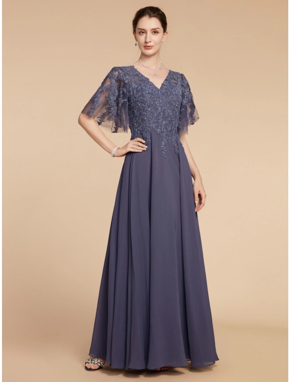 Wholesa  A-Line Mother of the Bride Dress Wedding Guest Elegant V Neck Floor Length Chiffon Lace Short Sleeve with Sequin Ruching Solid Color