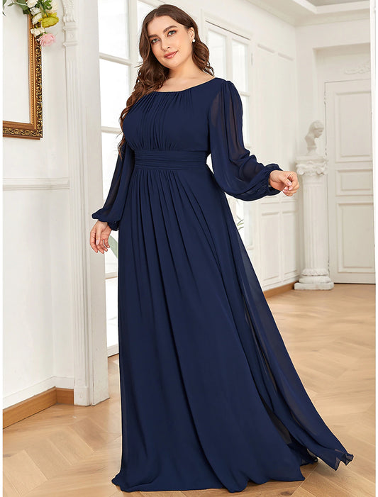 wholesale A-Line Elegant Vintage Formal Evening Dress Jewel Neck Long Sleeve Floor Length Chiffon with Draping Pure Color