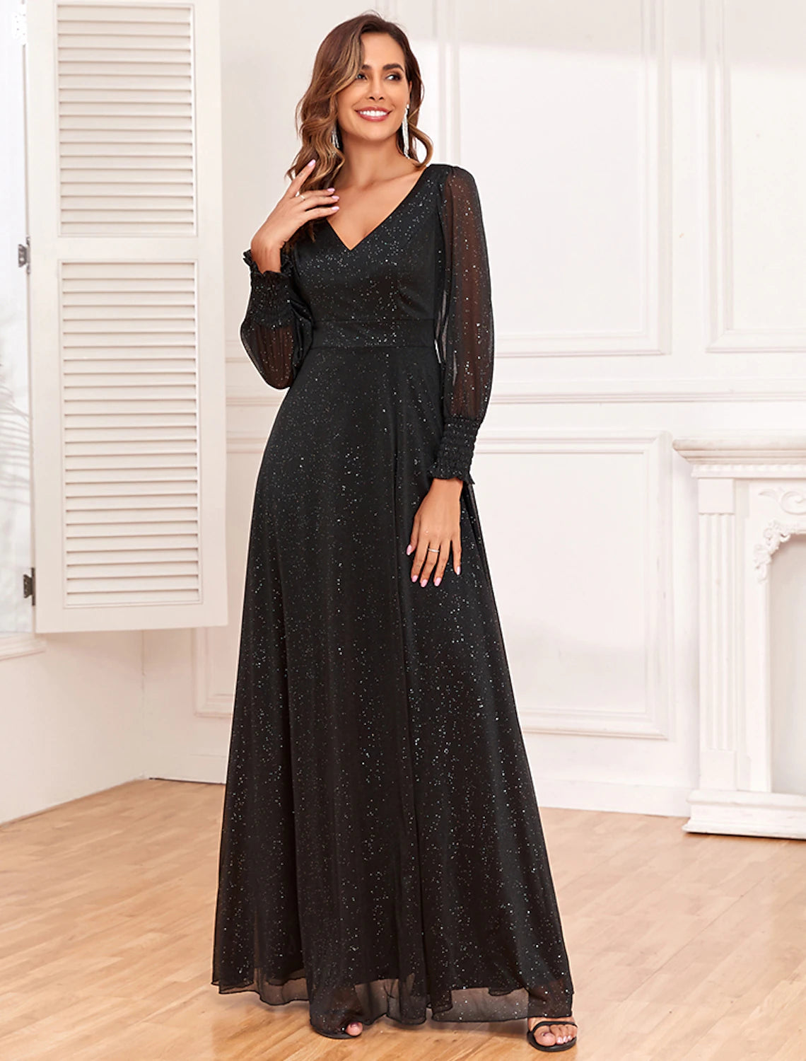 Wholesa A-Line Evening Gown Empire Black Dress Party Gothic Tulle Dress Floor Length Long Sleeve V Neck V Back with Glitter Slit