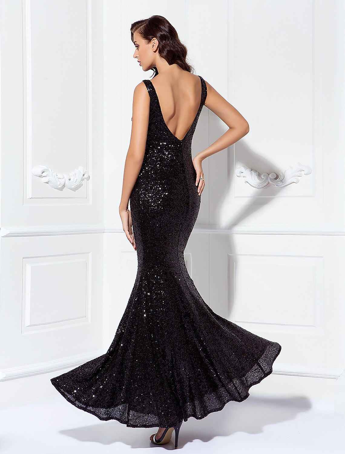 Wholesa Sheath / Column Sparkle & Shine Dress Wedding Guest Prom Floor Length Sleeveless V Neck Sequined V Back with Sequin