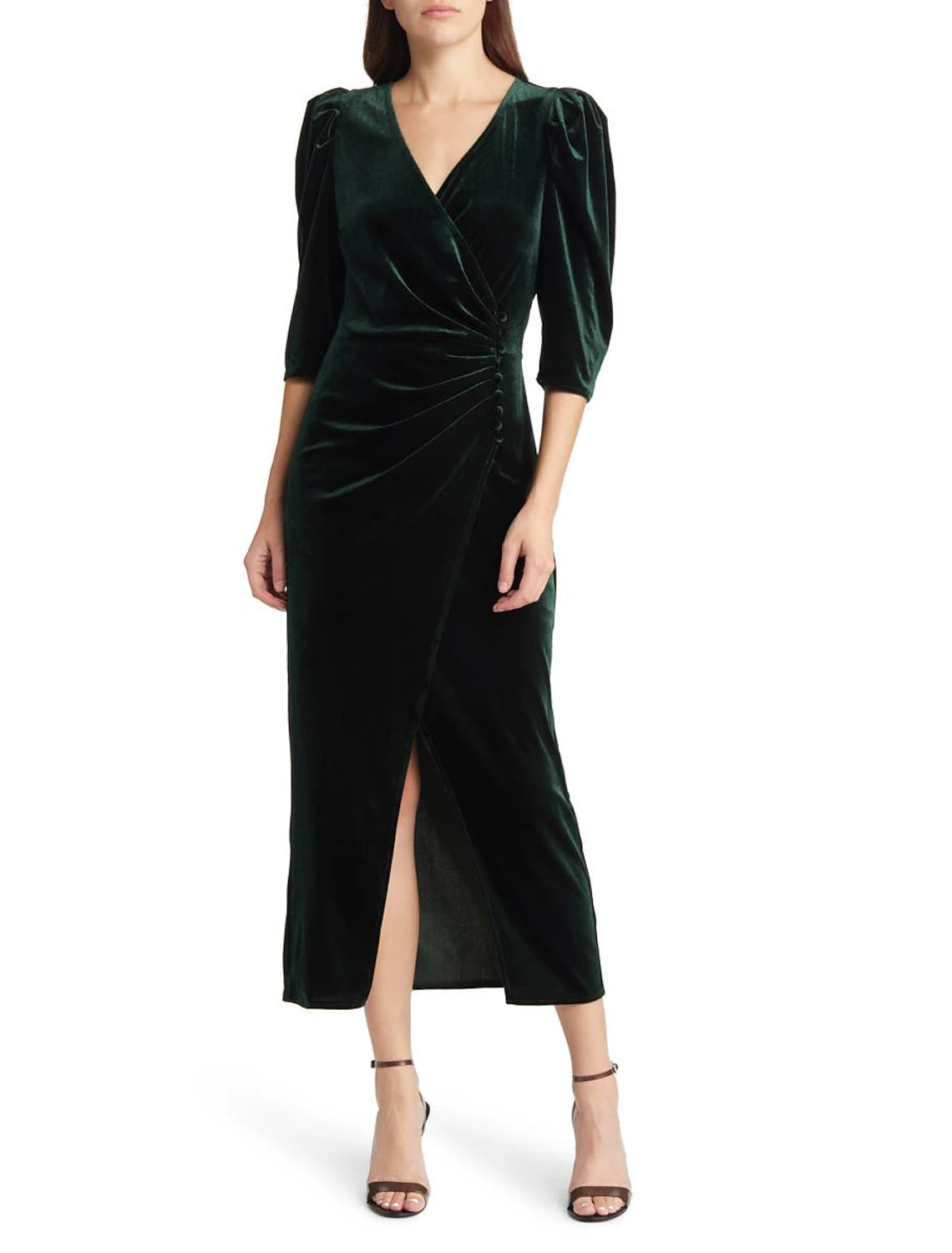 Wholesa A-Line Mother of the Bride Dress Formal Wedding Guest Elegant Party V Neck Tea Length Velvet 3/4 Length Sleeve with Split Front