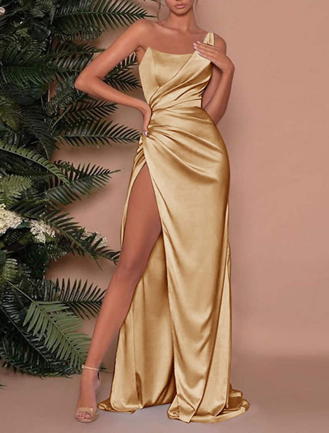 Wholesa Sheath / Column Empire Sexy High Split Wedding Guest Prom Dress One Shoulder Sleeveless Sweep / Brush Train Charmeuse with Ruched Slit