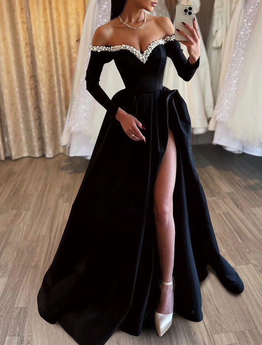 Aimishang A-Line Evening Gown Black Dress Dress Formal Masquerade Sweep / Brush Train Long Sleeve Off Shoulder Satin with Pearls Slit