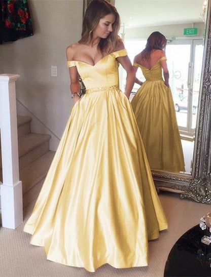 Wholesale Ball Gown Elegant Prom Formal Evening Dress Off Shoulder Backless Short Sleeve Floor Length Satin with Pleats Beading