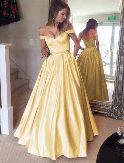 Wholesa Ball Gown Elegant Prom Formal Evening Dress Off Shoulder Backless Short Sleeve Floor Length Satin with Pleats Beading