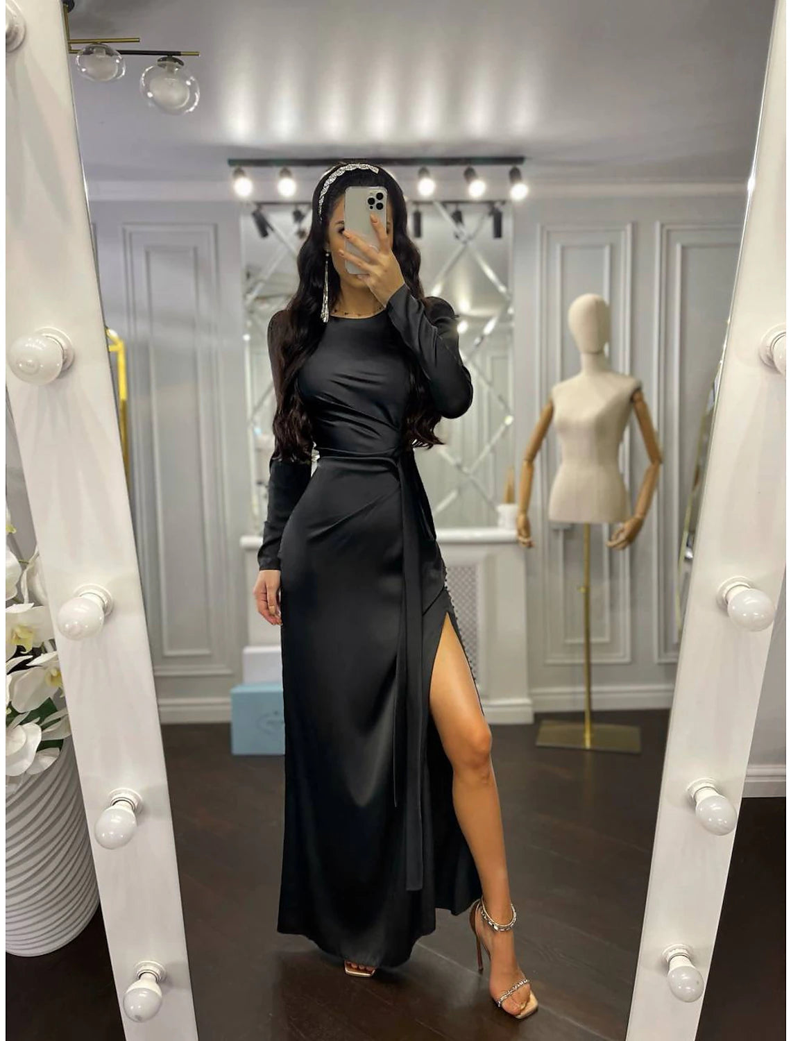 Wholesa Sheath Party Dress Evening Gown Elegant Dress Wedding Guest Fall Floor Length Long Sleeve High Neck Bridesmaid Dress Satin with Ruched