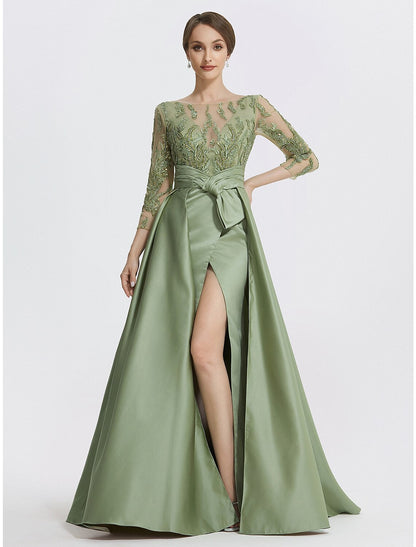 Wholesa  A-Line Evening Gown Elegant Dress Formal Floor Length 3/4 Length Sleeve Jewel Neck Satin with Slit Embroidery Appliques