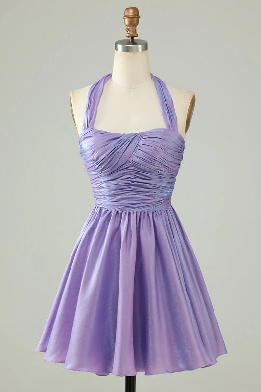 Wholesale A Line Short Homecoming Dress Halter Open Back Sleeveless Purple