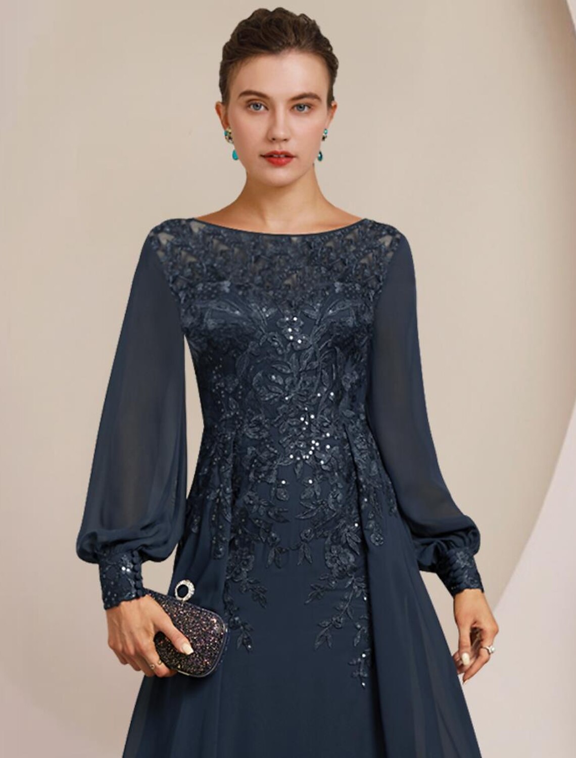 Wholesa Sheath / Column Mother of the Bride Dress Formal Wedding Guest Elegant Scoop Neck Floor Length Chiffon Lace Long Sleeve with Sequin Appliques