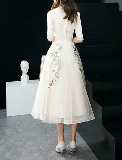 Wholesa A-Line Cocktail Dresses Elegant Dress Wedding Guest Party Wear Tea Length Half Sleeve Stand Collar Tulle with Appliques