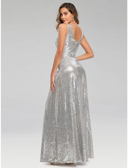 wholesale  A-Line Prom Dresses Sparkle Dress Wedding Guest Floor Length Sleeveless V Neck Polyester V Back with Sequin