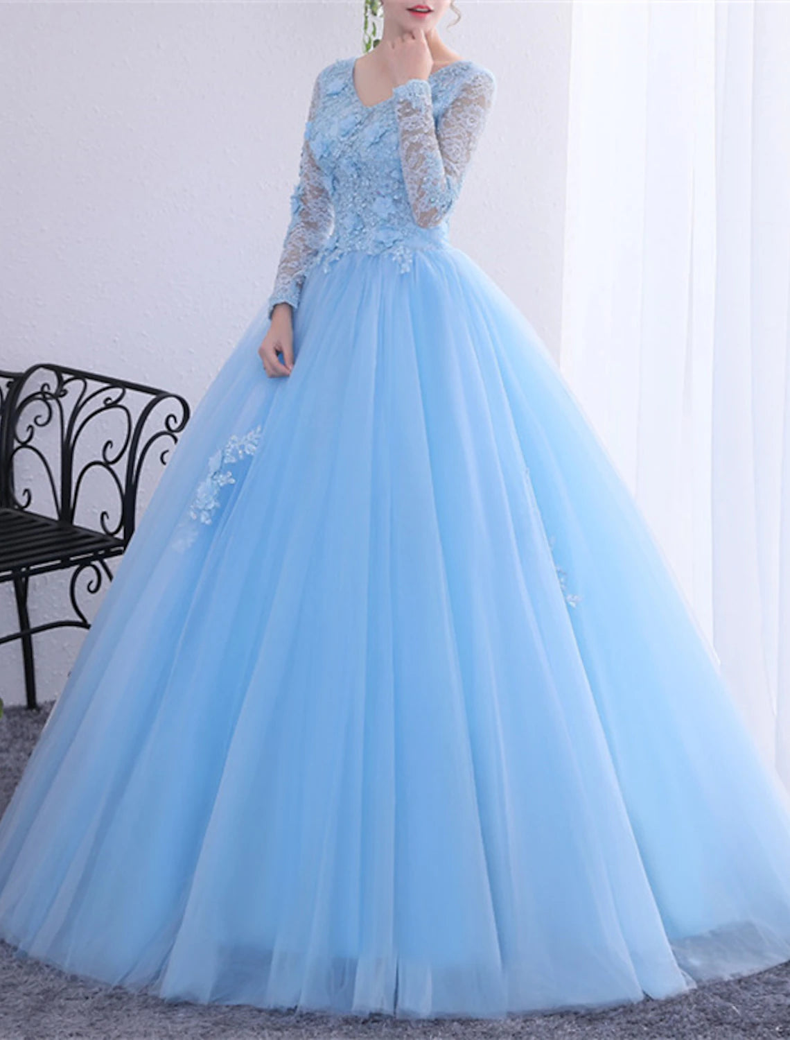 Wholesa Ball Gown Quinceanera Dresses Princess Dress Performance Quinceanera Floor Length Long Sleeve V Neck Polyester with Crystals Appliques