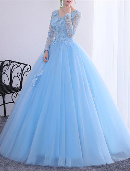 Wholesa Ball Gown Quinceanera Dresses Princess Dress Performance Quinceanera Floor Length Long Sleeve V Neck Polyester with Crystals Appliques