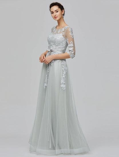 Wholesa A-Line Empire Dress Wedding Guest Prom Floor Length Half Sleeve Illusion Neck Tulle with Bow(s) Appliques