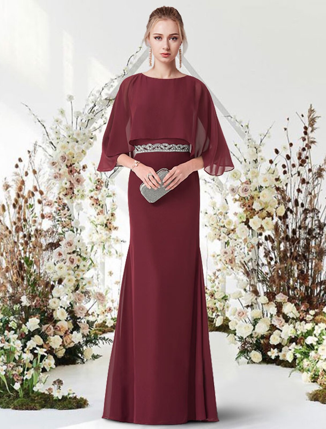 wholesale Sheath / Column Minimalist Elegant Engagement Formal Evening Dress Jewel Neck Half Sleeve Floor Length Chiffon with Sash / Ribbon