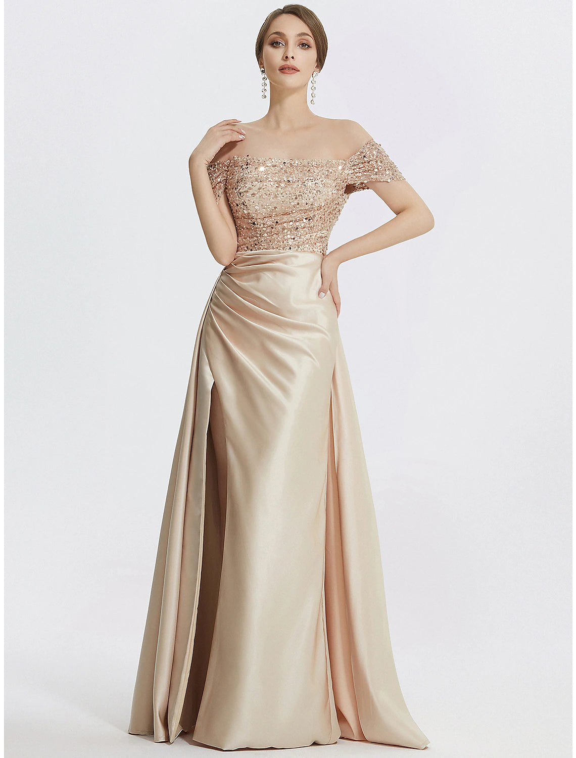 Wholesa  Sheath / Column Evening Gown Elegant Dress Formal Floor Length Short Sleeve Off Shoulder Sequined with Glitter Pleats Slit