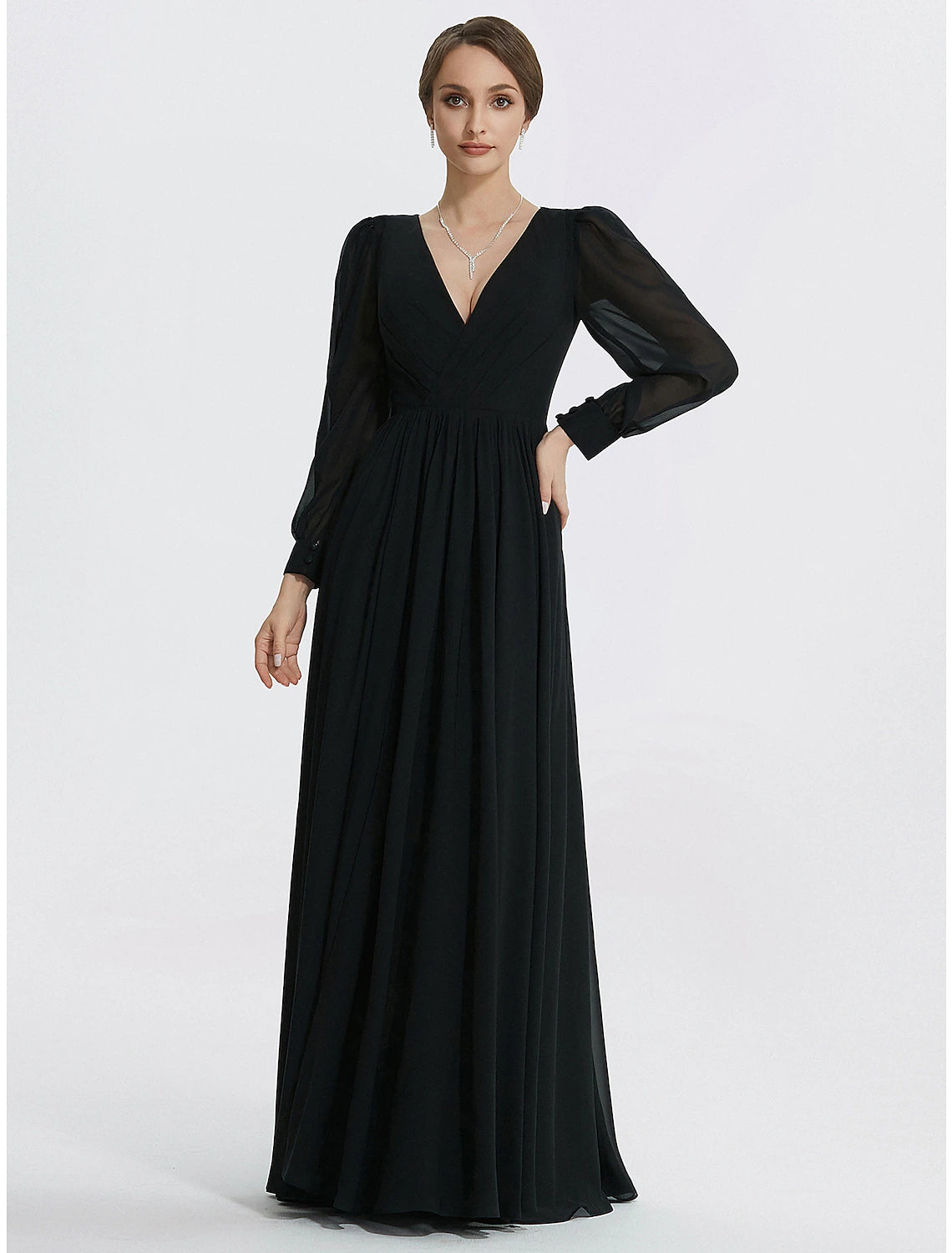 Wholesa  A-Line Evening Gown Elegant Dress Formal Floor Length Long Sleeve V Neck Chiffon with Slit