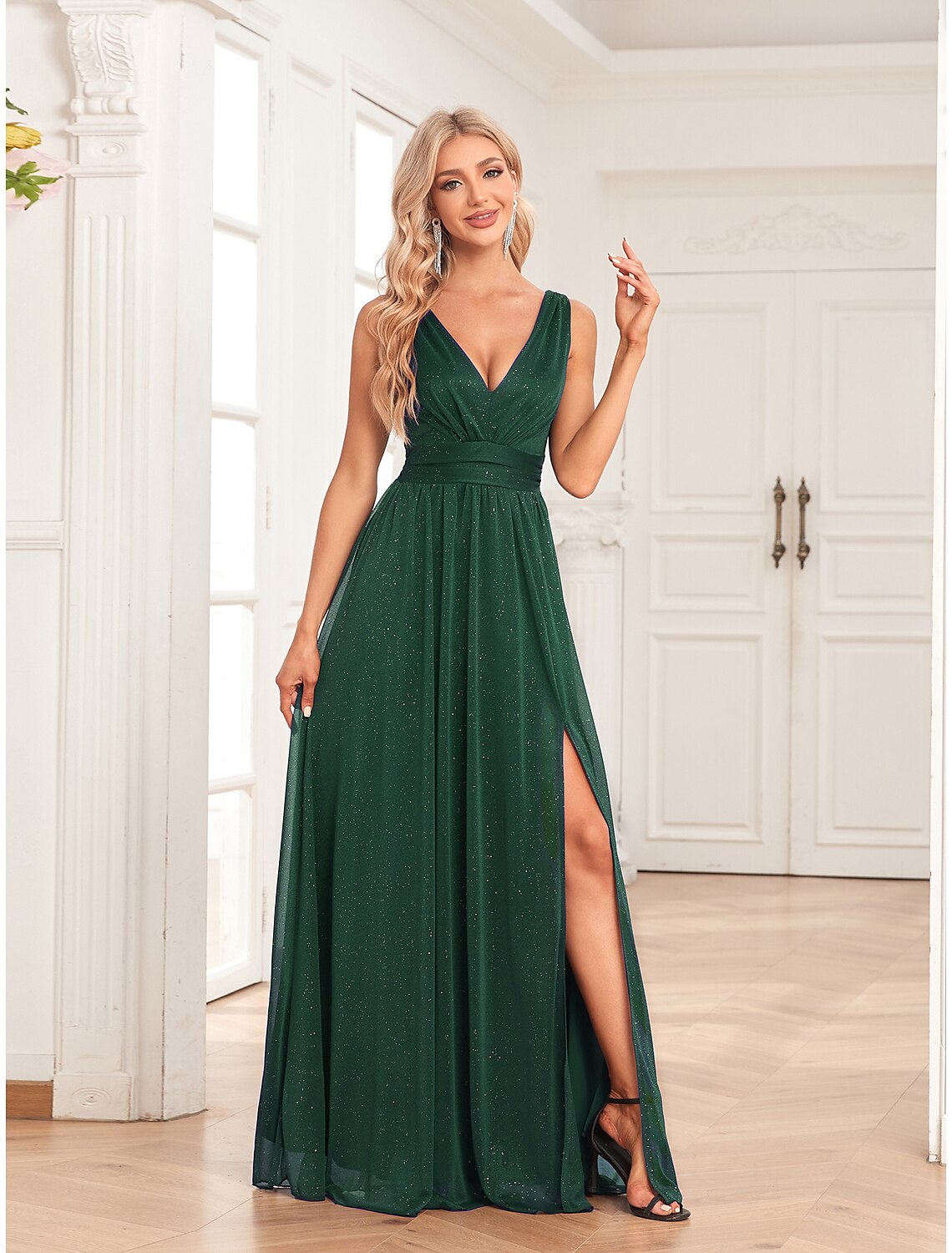 Wholesa A-Line Evening Gown Empire Dress Wedding Guest Party Wear Floor Length Sleeveless V Neck Spandex V Back with Glitter Slit